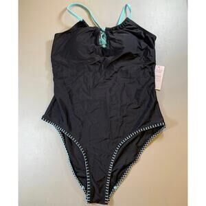 NWT Cupshe Black and Blue Trim One Piece Bathing Suit Size Large